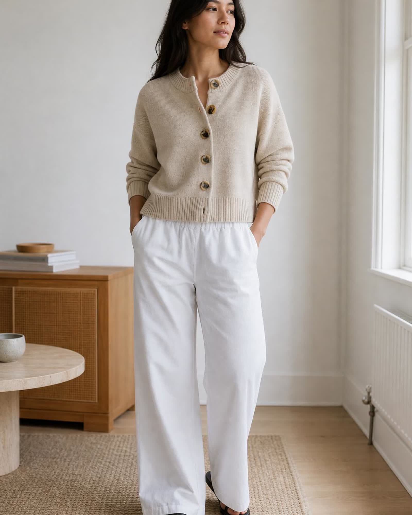 The Organic Cotton Cropped Cardigan in Speckled Beige