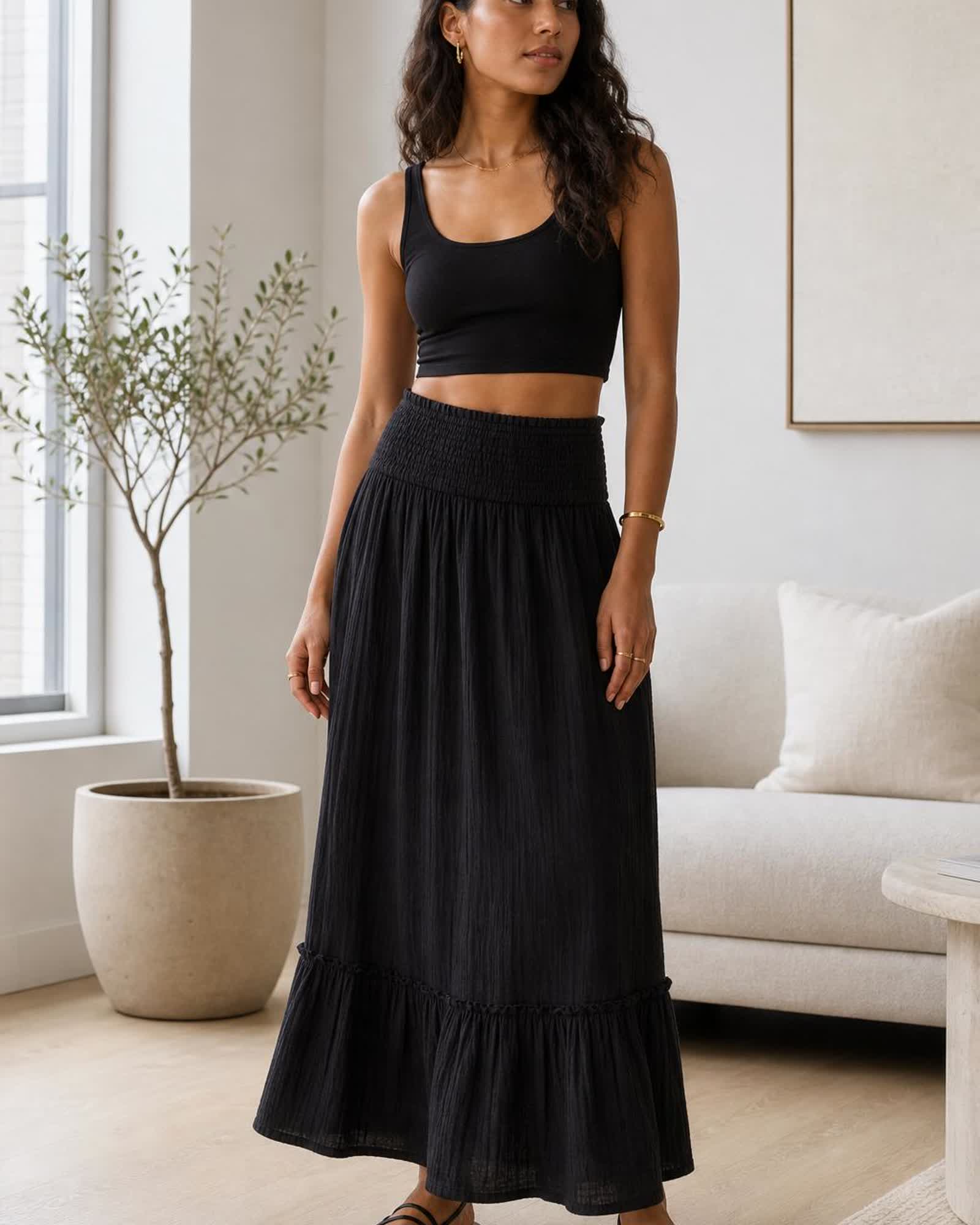 The Organic Cotton Gauze Maxi Skirt in Black