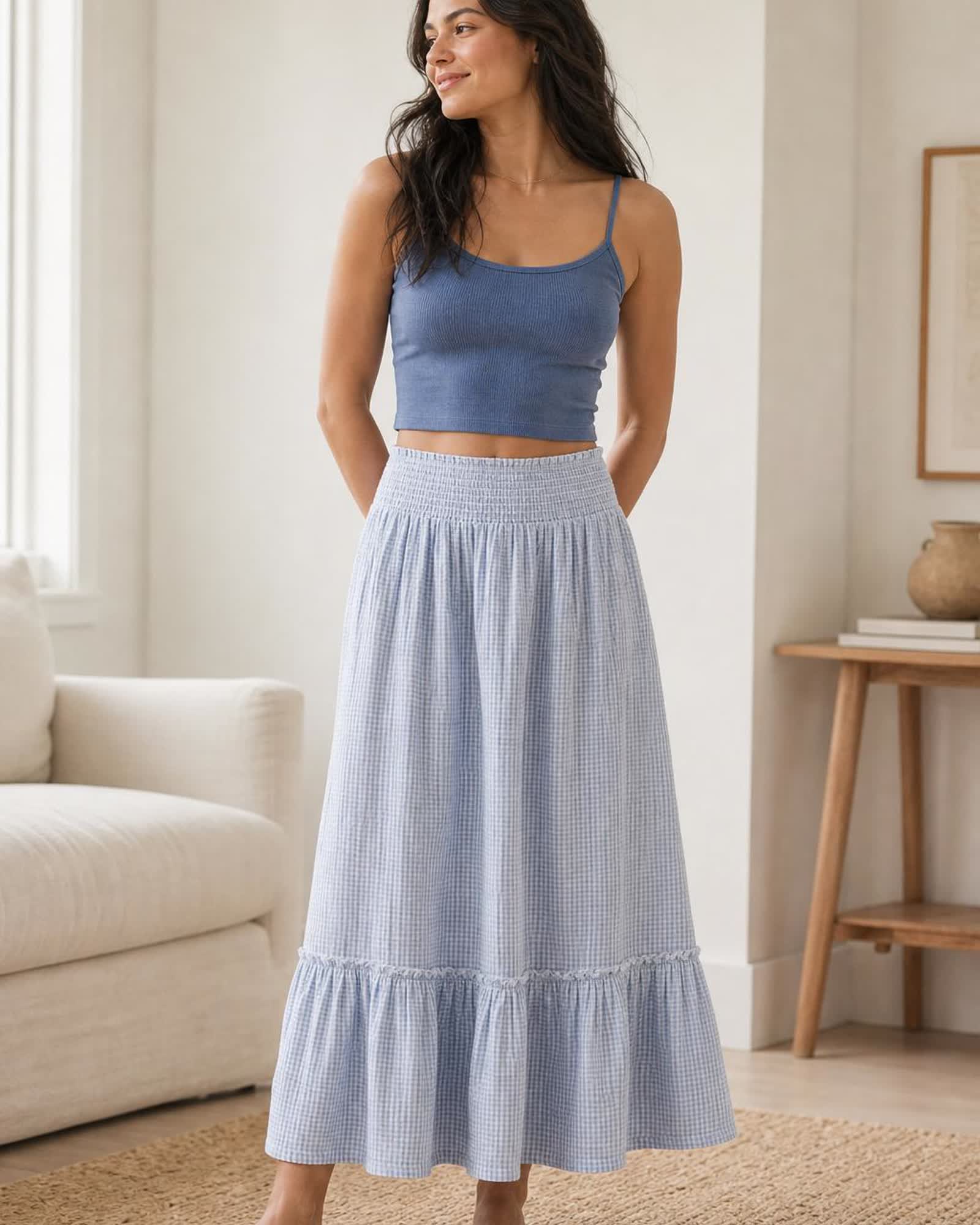 The Organic Cotton Gauze Maxi Skirt in Blue Gingham