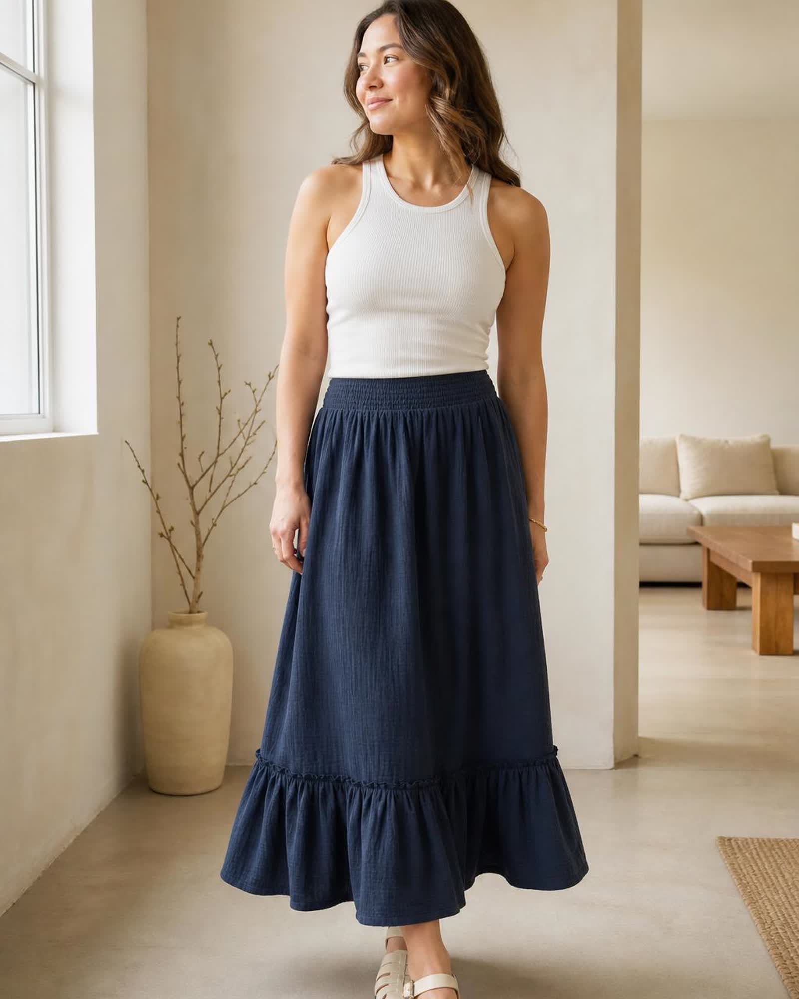 The Organic Cotton Gauze Maxi Skirt in Indigo Blue